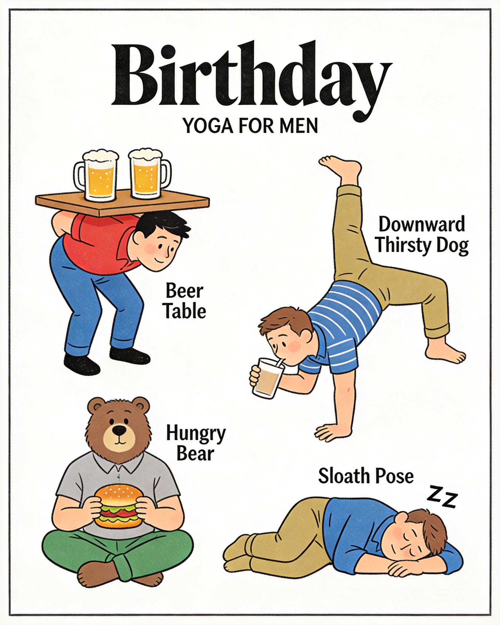 Funny birthday card - Core Scene: Four cartoon men performing humorous '